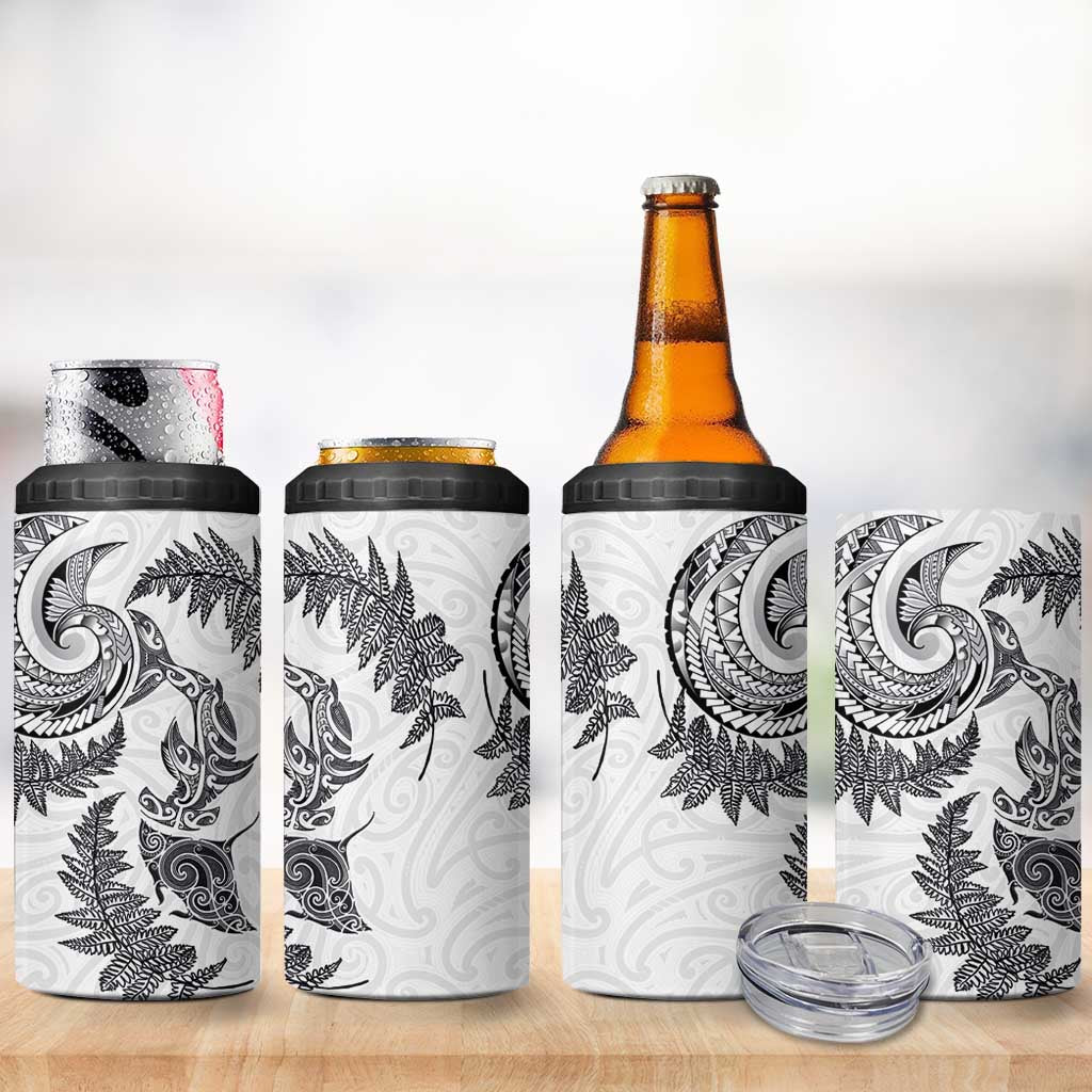 New Zealand Sea Animals with Maori Tribal Tattoo 4 in 1 Can Cooler Tumbler Shark Manta Ray with Silver Fern White LT03 - Polynesian Pride