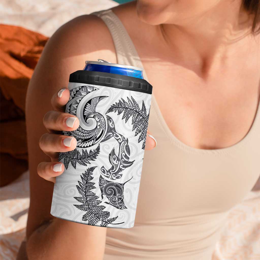 New Zealand Sea Animals with Maori Tribal Tattoo 4 in 1 Can Cooler Tumbler Shark Manta Ray with Silver Fern White LT03 - Polynesian Pride