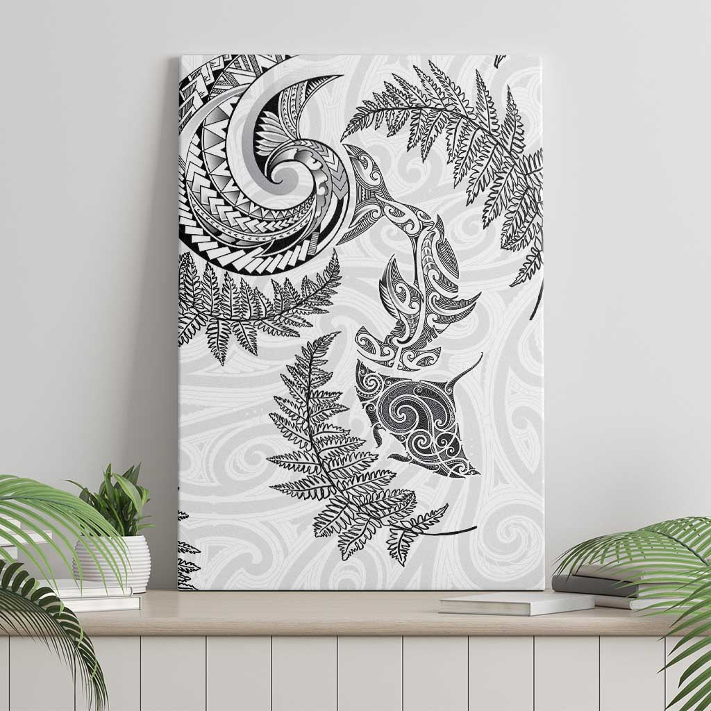 New Zealand Sea Animals with Maori Tribal Tattoo Canvas Wall Art Shark Manta Ray with Silver Fern White LT03 - Polynesian Pride