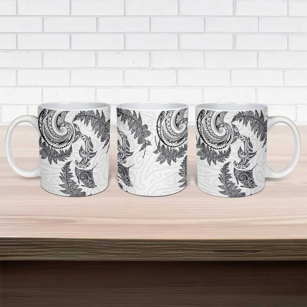 New Zealand Sea Animals with Maori Tribal Tattoo Ceramic Mug Shark Manta Ray with Silver Fern White LT03 - Polynesian Pride