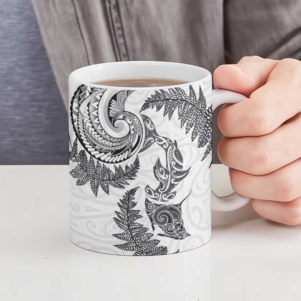 New Zealand Sea Animals with Maori Tribal Tattoo Ceramic Mug Shark Manta Ray with Silver Fern White LT03 - Polynesian Pride