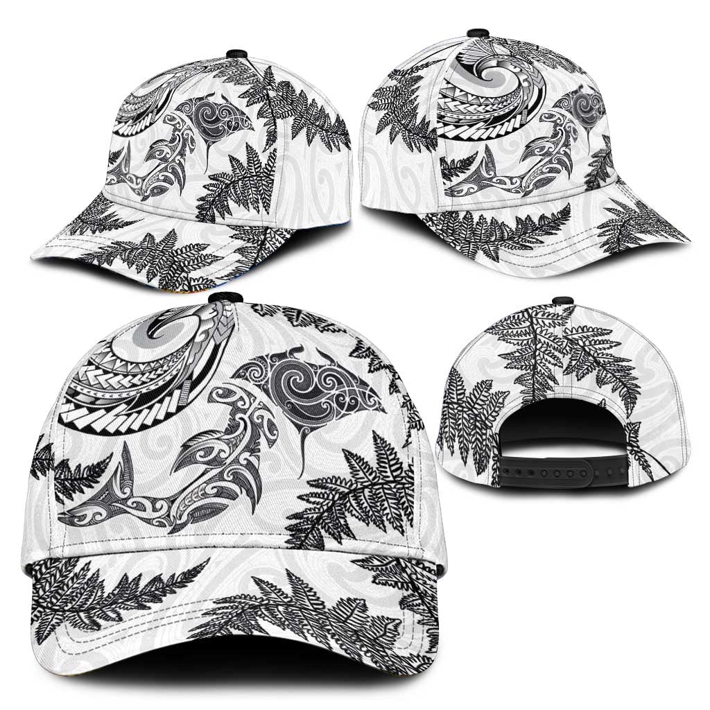 New Zealand Sea Animals with Maori Tribal Tattoo Classic Cap Shark Manta Ray with Silver Fern White