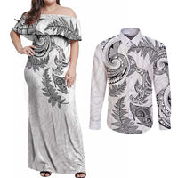 New Zealand Sea Animals with Maori Tribal Tattoo Couples Matching Off Shoulder Maxi Dress and Long Sleeve Button Shirt Shark Manta Ray with Silver Fern White LT03 White - Polynesian Pride