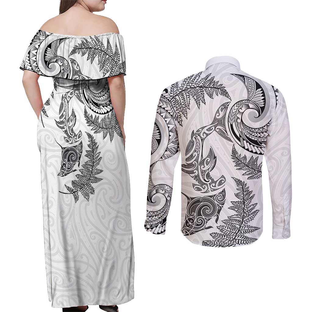 New Zealand Sea Animals with Maori Tribal Tattoo Couples Matching Off Shoulder Maxi Dress and Long Sleeve Button Shirt Shark Manta Ray with Silver Fern White LT03 - Polynesian Pride