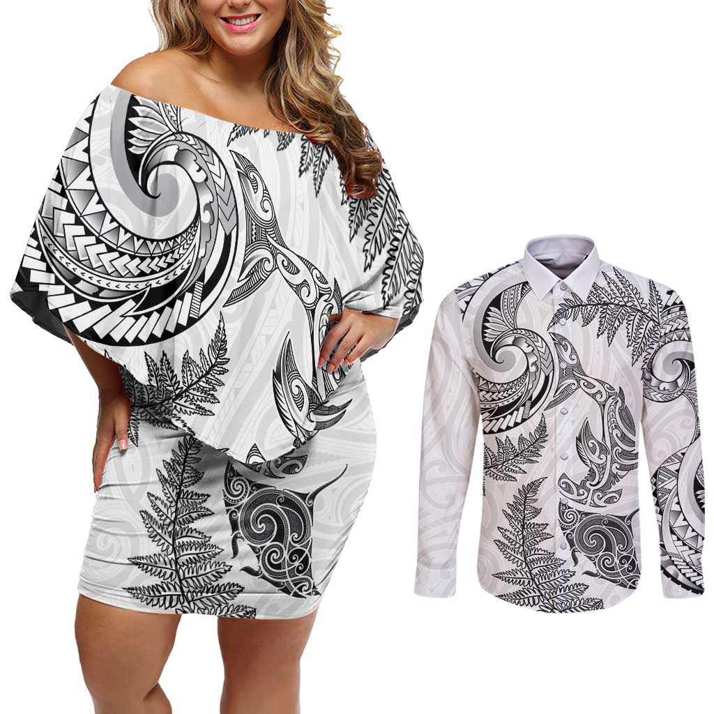 New Zealand Sea Animals with Maori Tribal Tattoo Couples Matching Off Shoulder Short Dress and Long Sleeve Button Shirt Shark Manta Ray with Silver Fern White