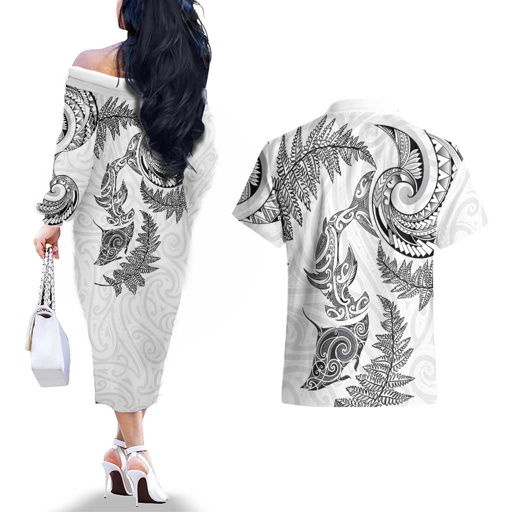 New Zealand Sea Animals with Maori Tribal Tattoo Couples Matching Off The Shoulder Long Sleeve Dress and Hawaiian Shirt Shark Manta Ray with Silver Fern White LT03 - Polynesian Pride