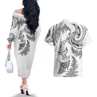 New Zealand Sea Animals with Maori Tribal Tattoo Couples Matching Off The Shoulder Long Sleeve Dress and Hawaiian Shirt Shark Manta Ray with Silver Fern White LT03 - Polynesian Pride