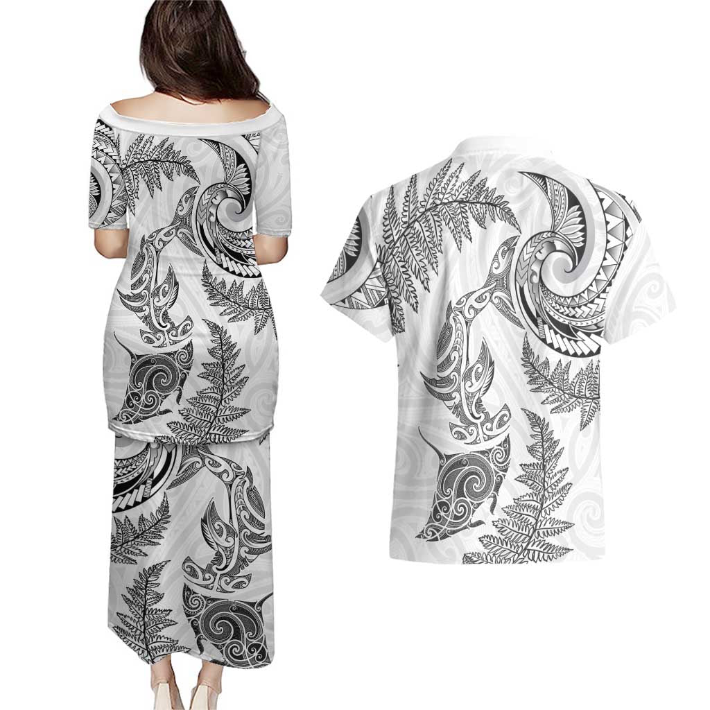 New Zealand Sea Animals with Maori Tribal Tattoo Couples Matching Puletasi and Hawaiian Shirt Shark Manta Ray with Silver Fern White LT03 - Polynesian Pride