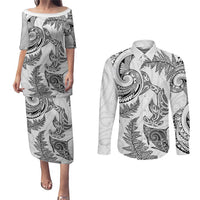 New Zealand Sea Animals with Maori Tribal Tattoo Couples Matching Puletasi and Long Sleeve Button Shirt Shark Manta Ray with Silver Fern White LT03 White - Polynesian Pride