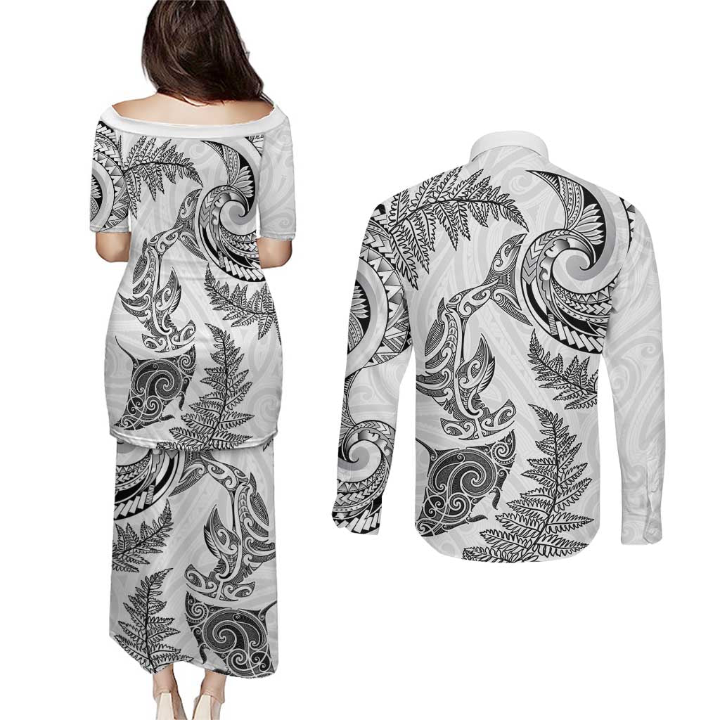 New Zealand Sea Animals with Maori Tribal Tattoo Couples Matching Puletasi and Long Sleeve Button Shirt Shark Manta Ray with Silver Fern White LT03 - Polynesian Pride