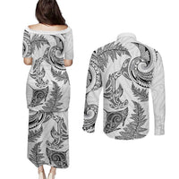 New Zealand Sea Animals with Maori Tribal Tattoo Couples Matching Puletasi and Long Sleeve Button Shirt Shark Manta Ray with Silver Fern White LT03 - Polynesian Pride
