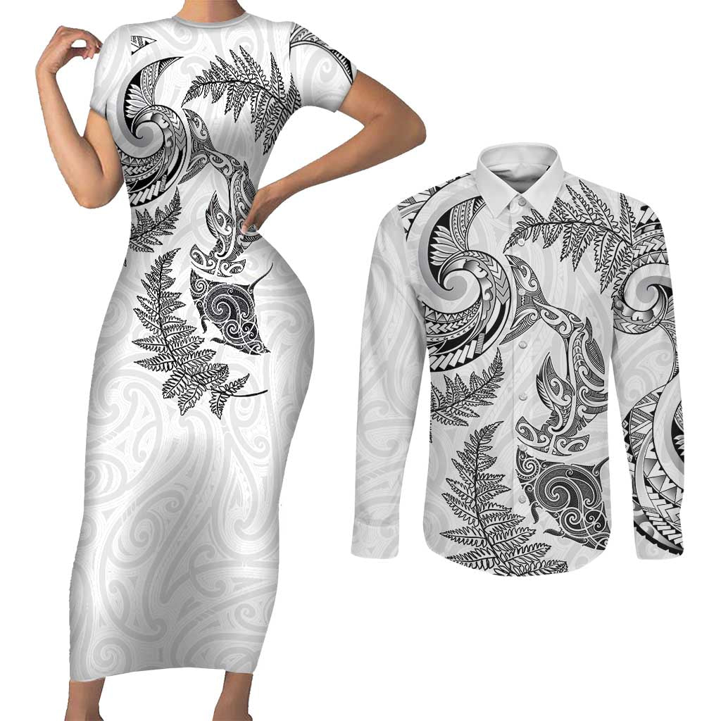 New Zealand Sea Animals with Maori Tribal Tattoo Couples Matching Short Sleeve Bodycon Dress and Long Sleeve Button Shirt Shark Manta Ray with Silver Fern White