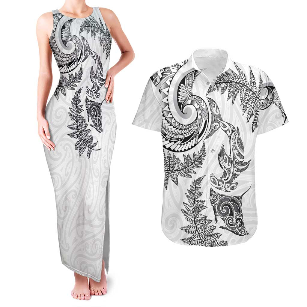 New Zealand Sea Animals with Maori Tribal Tattoo Couples Matching Tank Maxi Dress and Hawaiian Shirt Shark Manta Ray with Silver Fern White LT03 White - Polynesian Pride