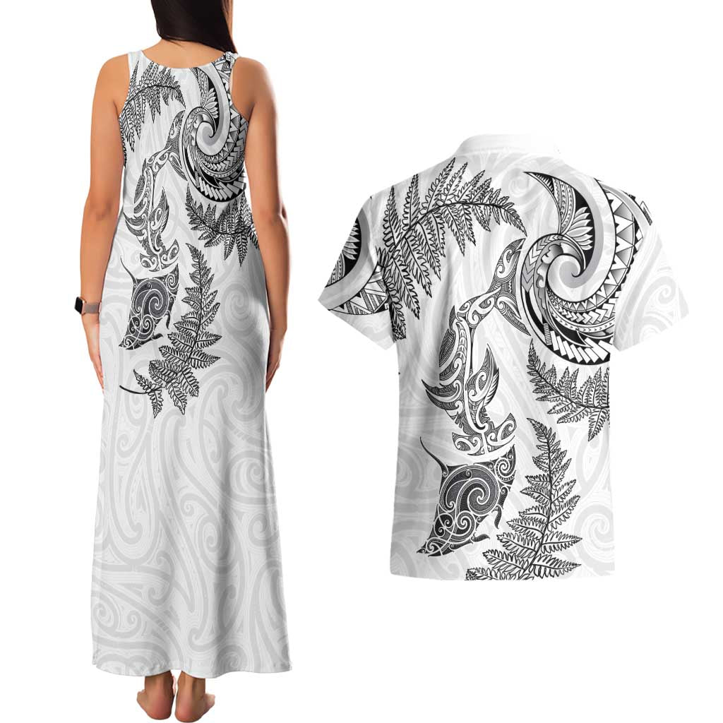New Zealand Sea Animals with Maori Tribal Tattoo Couples Matching Tank Maxi Dress and Hawaiian Shirt Shark Manta Ray with Silver Fern White LT03 - Polynesian Pride