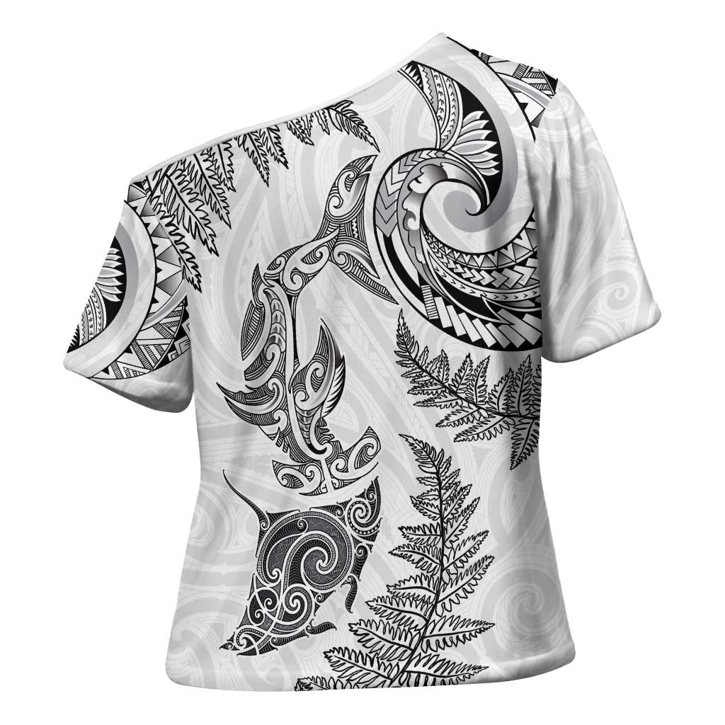New Zealand Sea Animals with Maori Tribal Tattoo Cross Shoulder Shirt Shark Manta Ray with Silver Fern White LT03 - Polynesian Pride