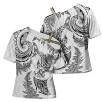 New Zealand Sea Animals with Maori Tribal Tattoo Cross Shoulder Shirt Shark Manta Ray with Silver Fern White LT03 - Polynesian Pride