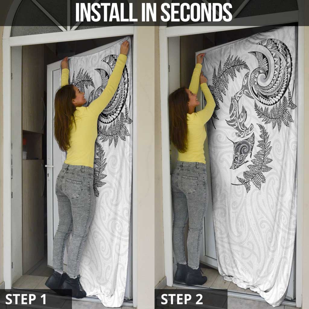 New Zealand Sea Animals with Maori Tribal Tattoo Door Cover Shark Manta Ray with Silver Fern White