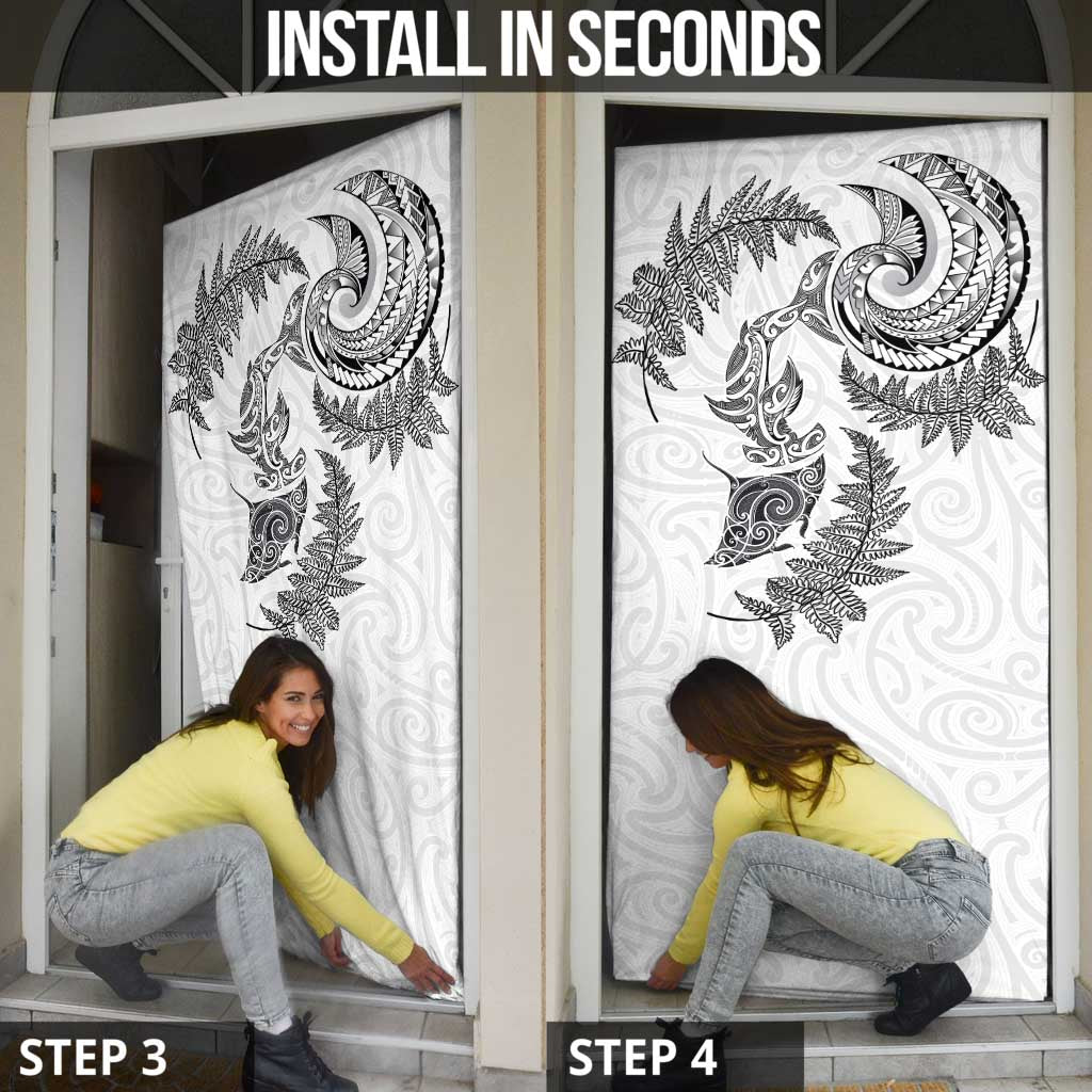 New Zealand Sea Animals with Maori Tribal Tattoo Door Cover Shark Manta Ray with Silver Fern White