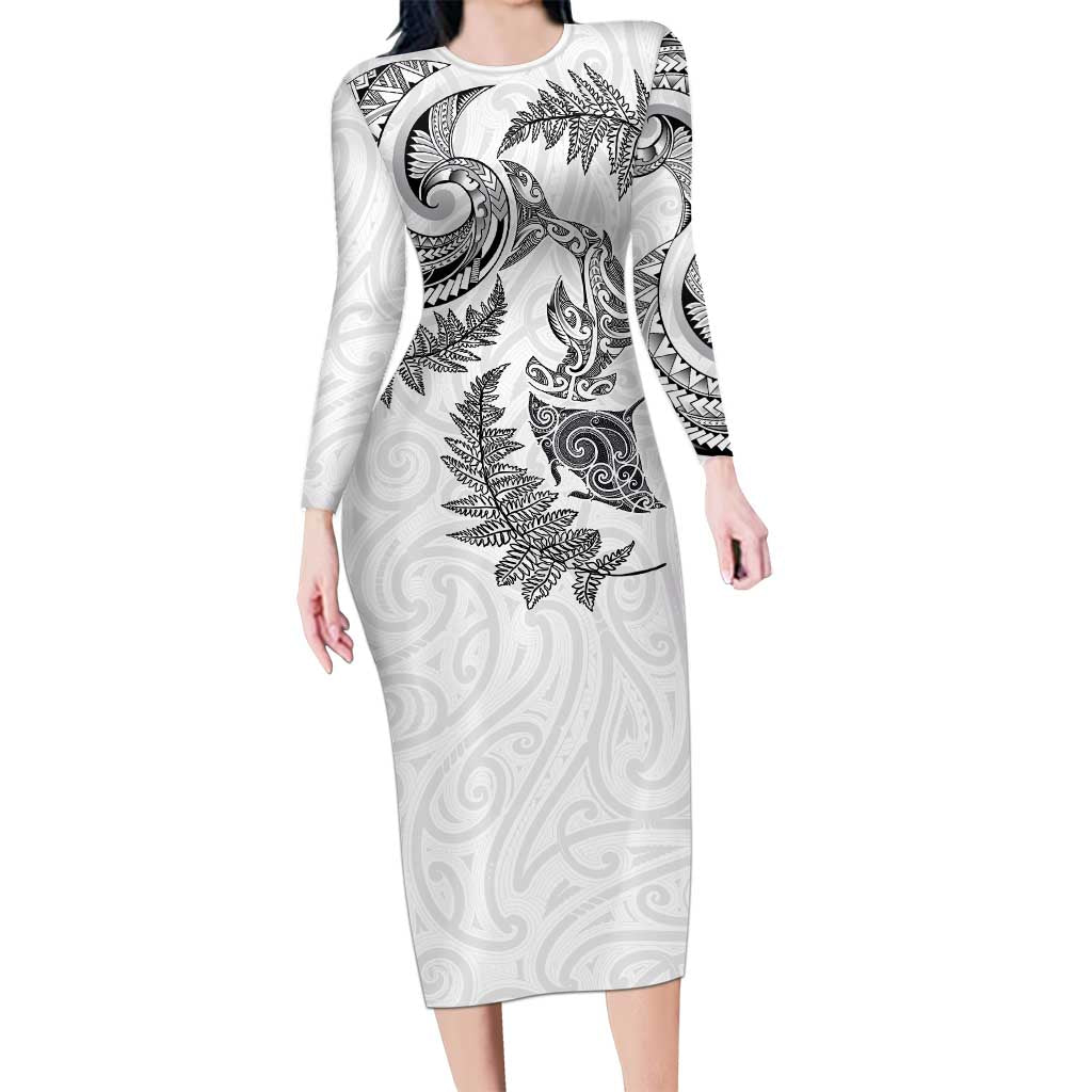New Zealand Sea Animals with Maori Tribal Tattoo Family Matching Long Sleeve Bodycon Dress and Hawaiian Shirt Shark Manta Ray with Silver Fern White LT03 Mom's Dress White - Polynesian Pride