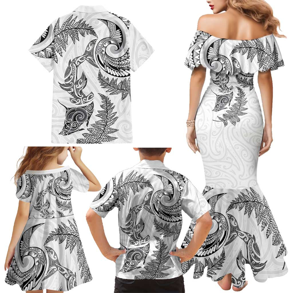 New Zealand Sea Animals with Maori Tribal Tattoo Family Matching Mermaid Dress and Hawaiian Shirt Shark Manta Ray with Silver Fern White LT03 - Polynesian Pride