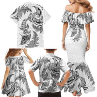 New Zealand Sea Animals with Maori Tribal Tattoo Family Matching Mermaid Dress and Hawaiian Shirt Shark Manta Ray with Silver Fern White LT03 - Polynesian Pride
