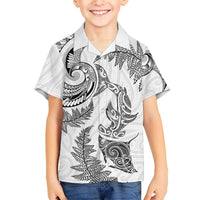 New Zealand Sea Animals with Maori Tribal Tattoo Family Matching Mermaid Dress and Hawaiian Shirt Shark Manta Ray with Silver Fern White LT03 Son's Shirt White - Polynesian Pride