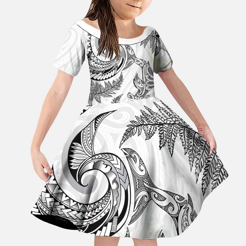 New Zealand Sea Animals with Maori Tribal Tattoo Family Matching Off The Shoulder Long Sleeve Dress and Hawaiian Shirt Shark Manta Ray with Silver Fern White LT03 Daughter's Dress White - Polynesian Pride