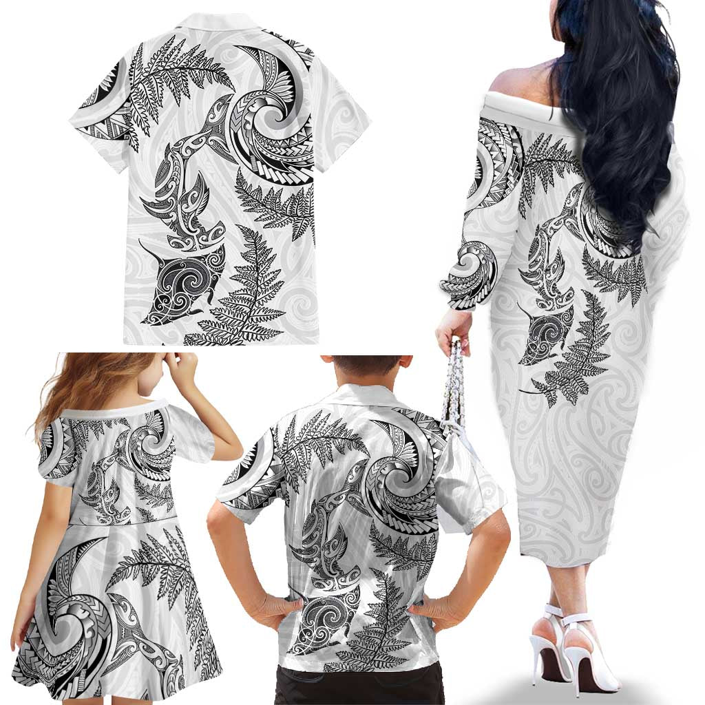 New Zealand Sea Animals with Maori Tribal Tattoo Family Matching Off The Shoulder Long Sleeve Dress and Hawaiian Shirt Shark Manta Ray with Silver Fern White LT03 - Polynesian Pride