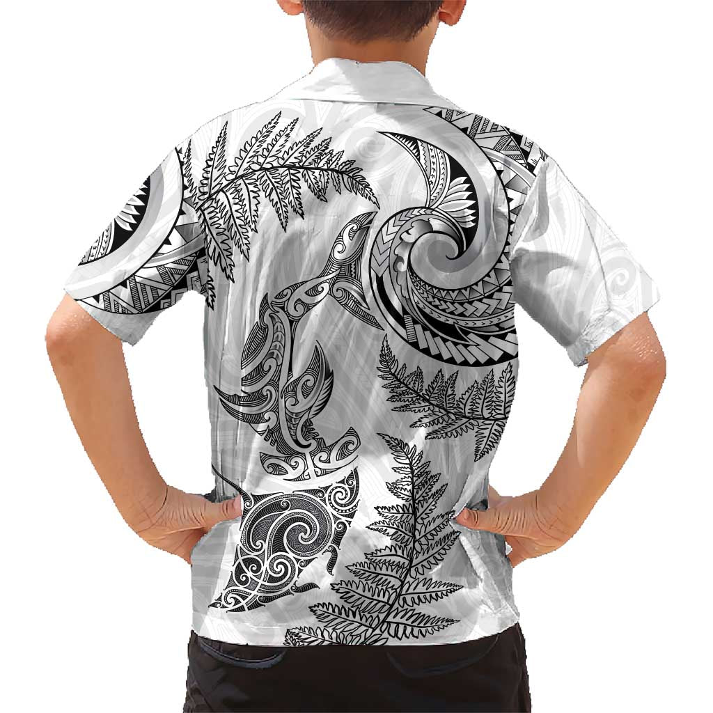 New Zealand Sea Animals with Maori Tribal Tattoo Family Matching Off Shoulder Maxi Dress and Hawaiian Shirt Shark Manta Ray with Silver Fern White LT03 - Polynesian Pride