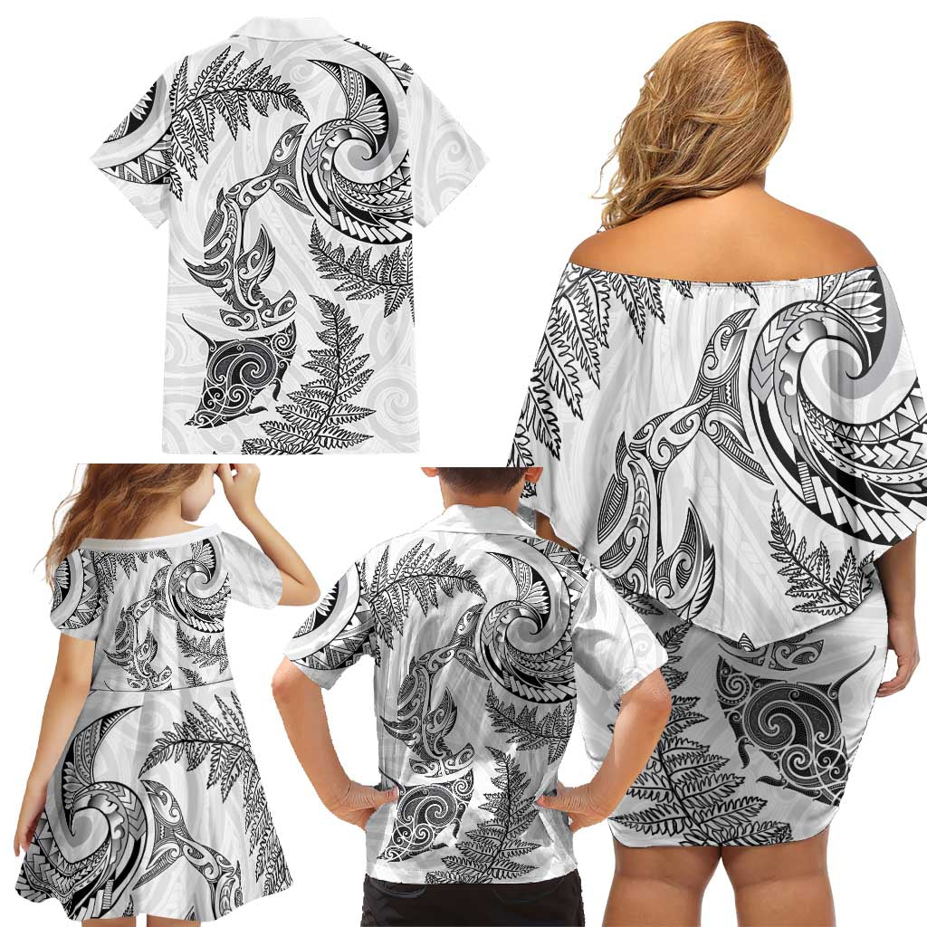 New Zealand Sea Animals with Maori Tribal Tattoo Family Matching Off Shoulder Short Dress and Hawaiian Shirt Shark Manta Ray with Silver Fern White LT03 - Polynesian Pride