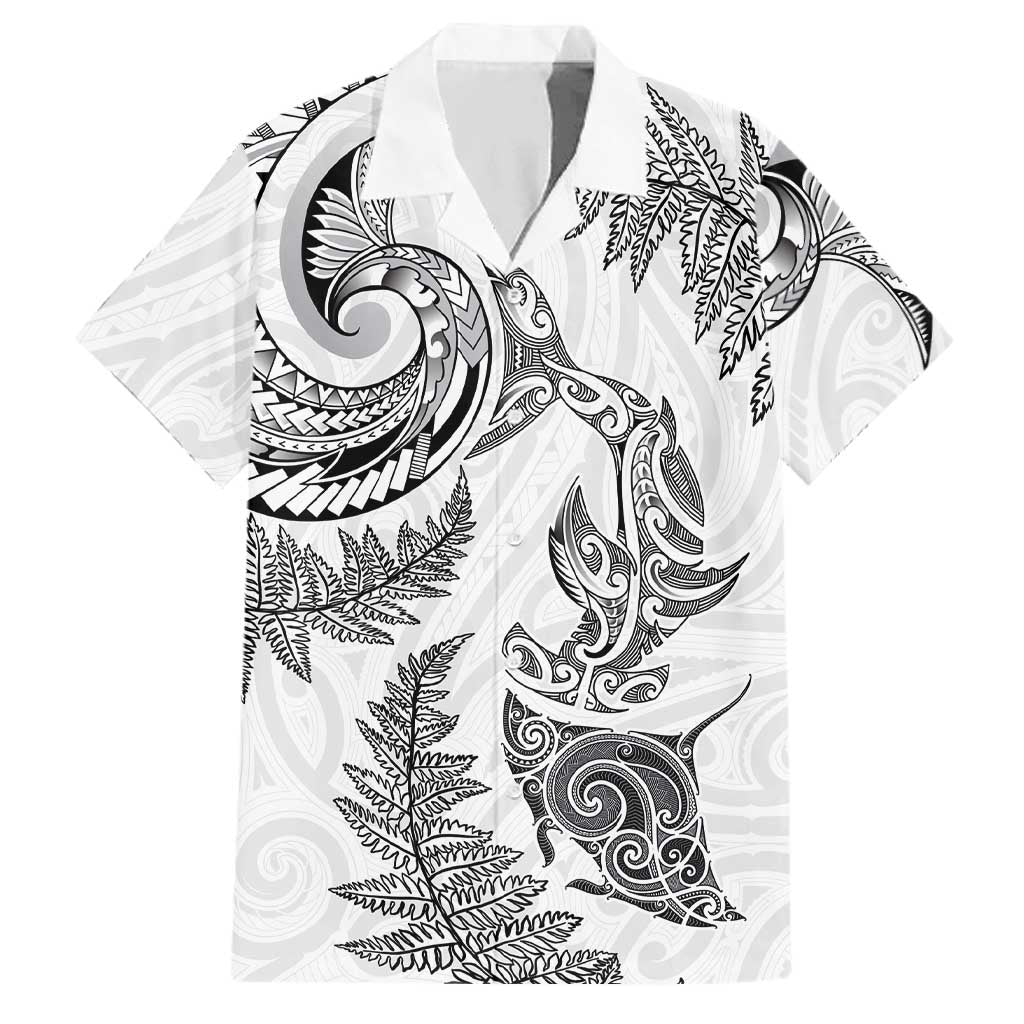 New Zealand Sea Animals with Maori Tribal Tattoo Family Matching Off Shoulder Short Dress and Hawaiian Shirt Shark Manta Ray with Silver Fern White LT03 Dad's Shirt - Short Sleeve White - Polynesian Pride