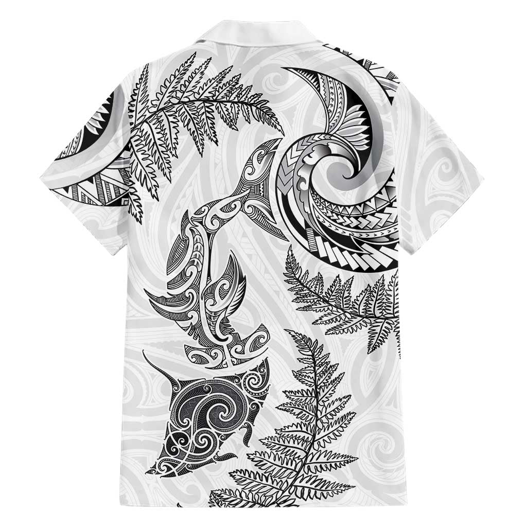 New Zealand Sea Animals with Maori Tribal Tattoo Family Matching Off Shoulder Short Dress and Hawaiian Shirt Shark Manta Ray with Silver Fern White LT03 - Polynesian Pride