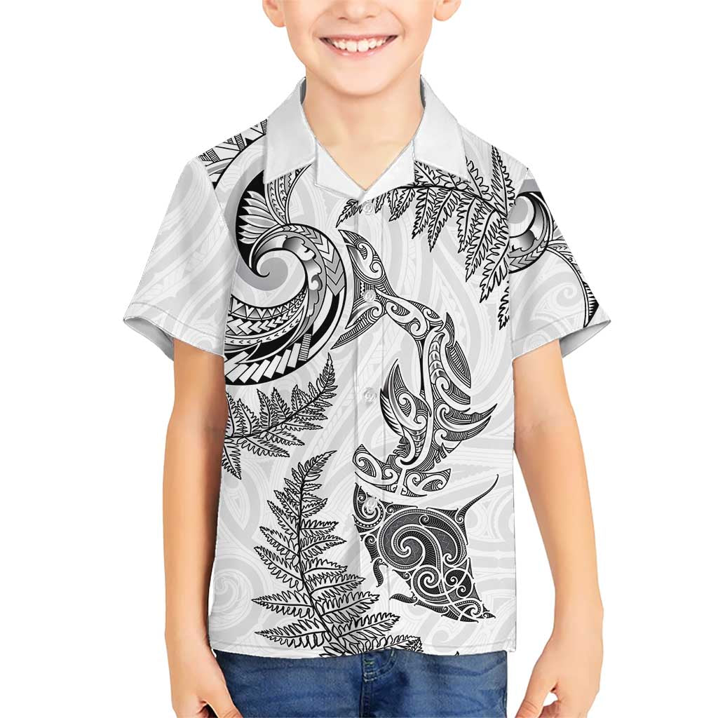 New Zealand Sea Animals with Maori Tribal Tattoo Family Matching Off Shoulder Short Dress and Hawaiian Shirt Shark Manta Ray with Silver Fern White LT03 Son's Shirt White - Polynesian Pride