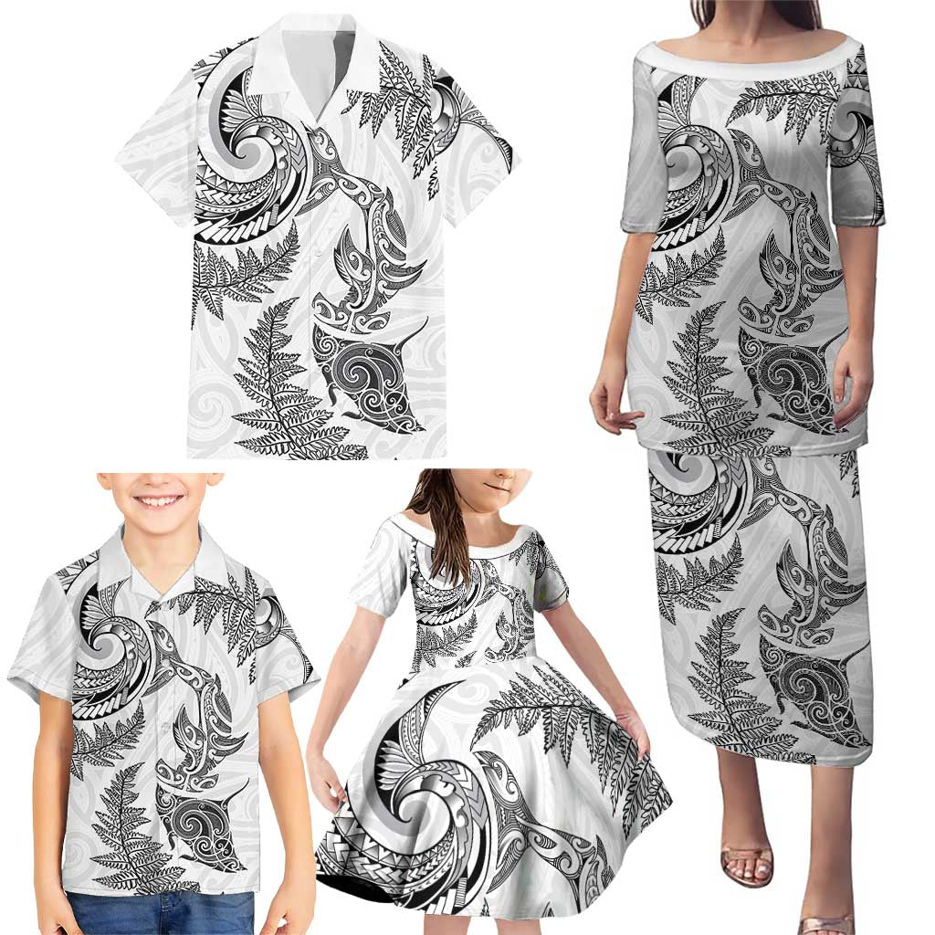 New Zealand Sea Animals with Maori Tribal Tattoo Family Matching Puletasi and Hawaiian Shirt Shark Manta Ray with Silver Fern White
