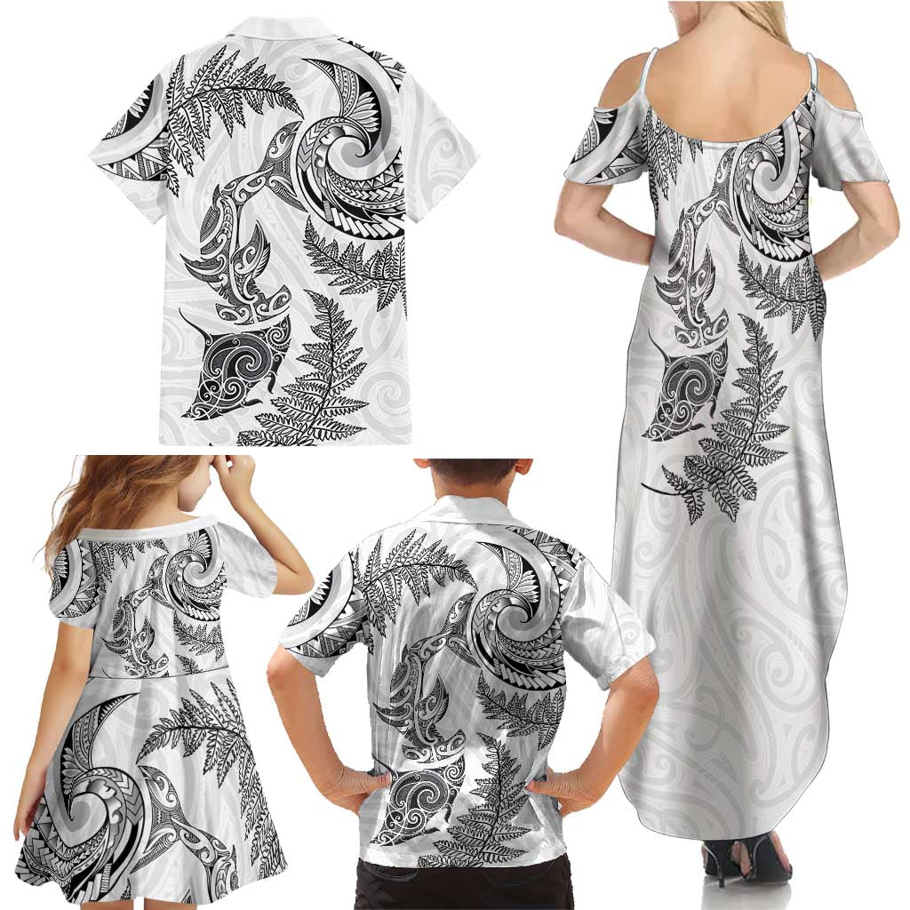 New Zealand Sea Animals with Maori Tribal Tattoo Family Matching Summer Maxi Dress and Hawaiian Shirt Shark Manta Ray with Silver Fern White LT03 - Polynesian Pride