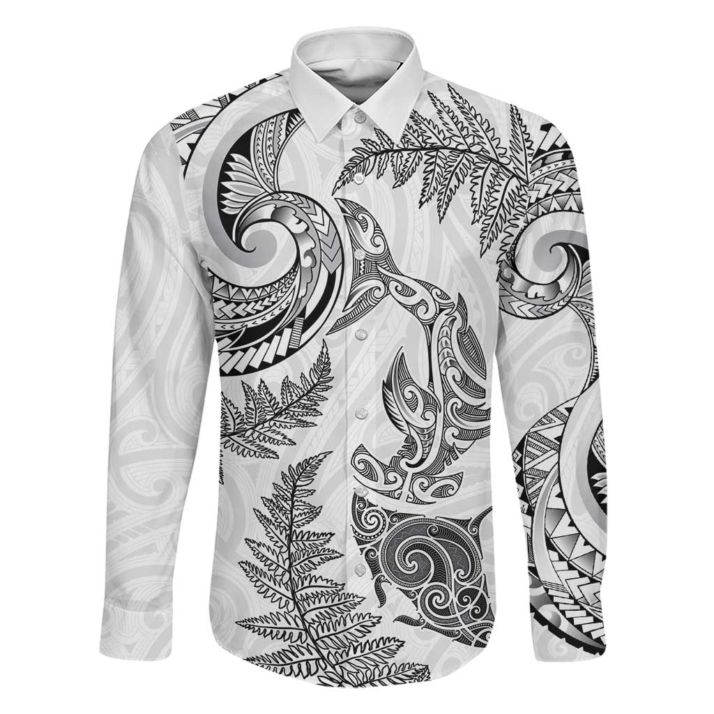 New Zealand Sea Animals with Maori Tribal Tattoo Family Matching Summer Maxi Dress and Hawaiian Shirt Shark Manta Ray with Silver Fern White LT03 Dad's Shirt - Long Sleeve White - Polynesian Pride