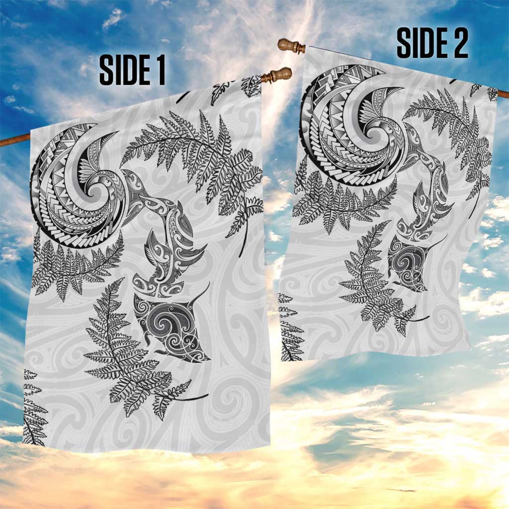 New Zealand Sea Animals with Maori Tribal Tattoo Garden Flag Shark Manta Ray with Silver Fern White LT03 - Polynesian Pride