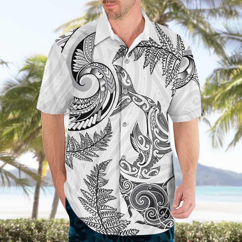 New Zealand Sea Animals with Maori Tribal Tattoo Hawaiian Shirt Shark Manta Ray with Silver Fern White