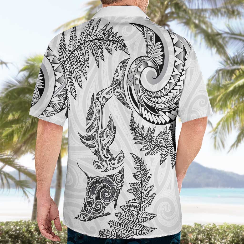 New Zealand Sea Animals with Maori Tribal Tattoo Hawaiian Shirt Shark Manta Ray with Silver Fern White