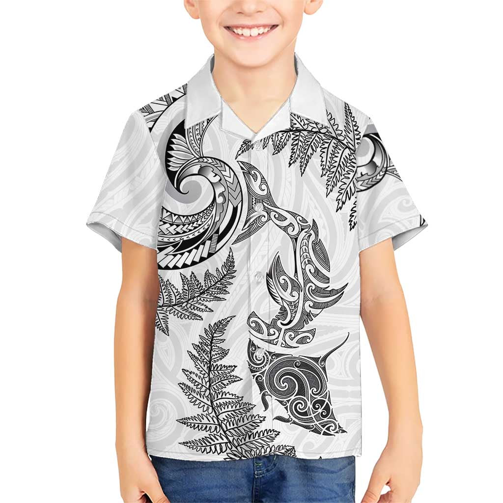 New Zealand Sea Animals with Maori Tribal Tattoo Hawaiian Shirt Shark Manta Ray with Silver Fern White
