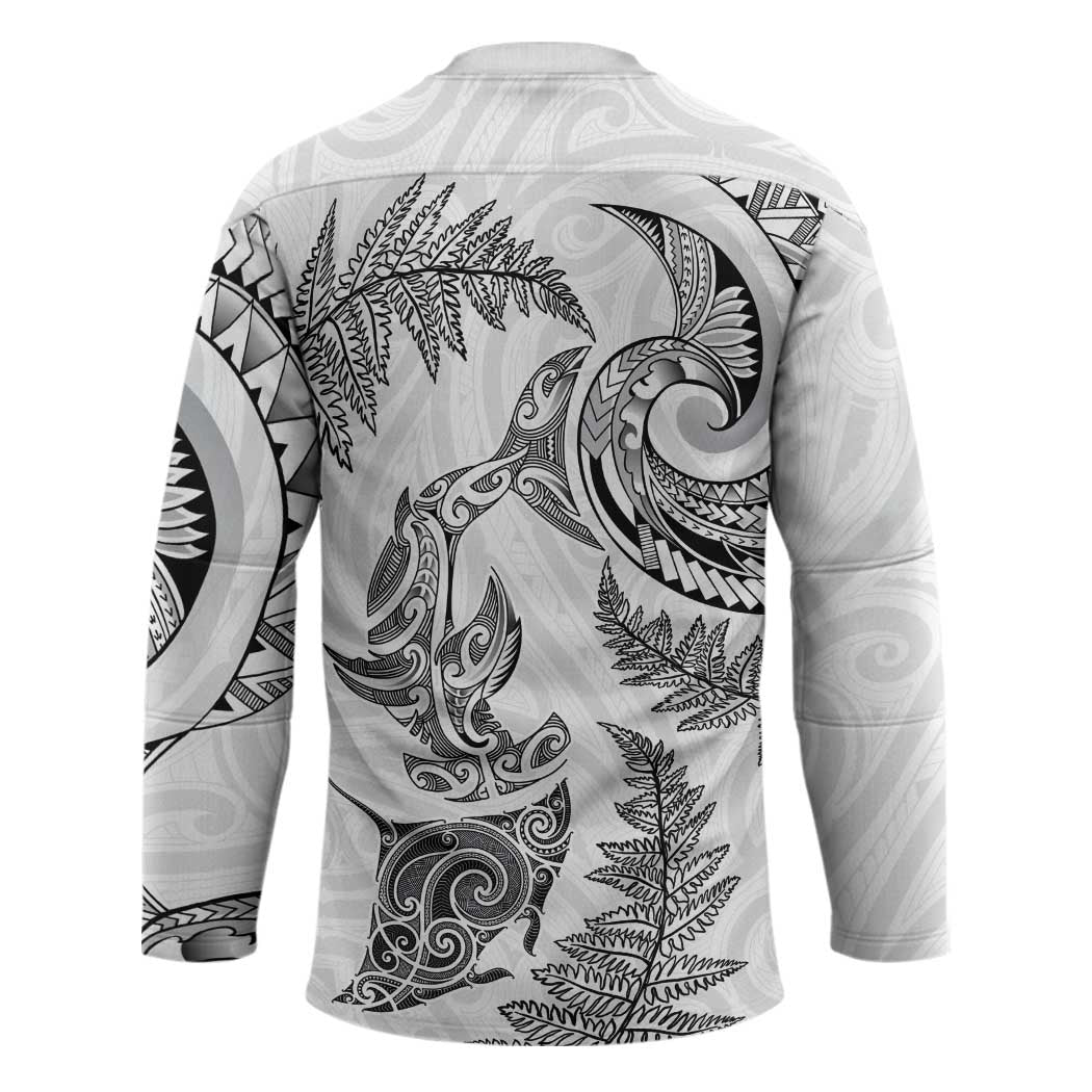 New Zealand Sea Animals with Maori Tribal Tattoo Hockey Jersey Shark Manta Ray with Silver Fern White LT03 - Polynesian Pride