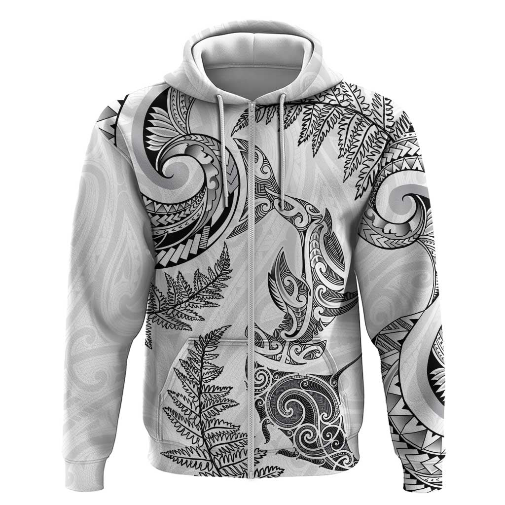 New Zealand Sea Animals with Maori Tribal Tattoo Hoodie Shark Manta Ray with Silver Fern White LT03 Zip Hoodie White - Polynesian Pride