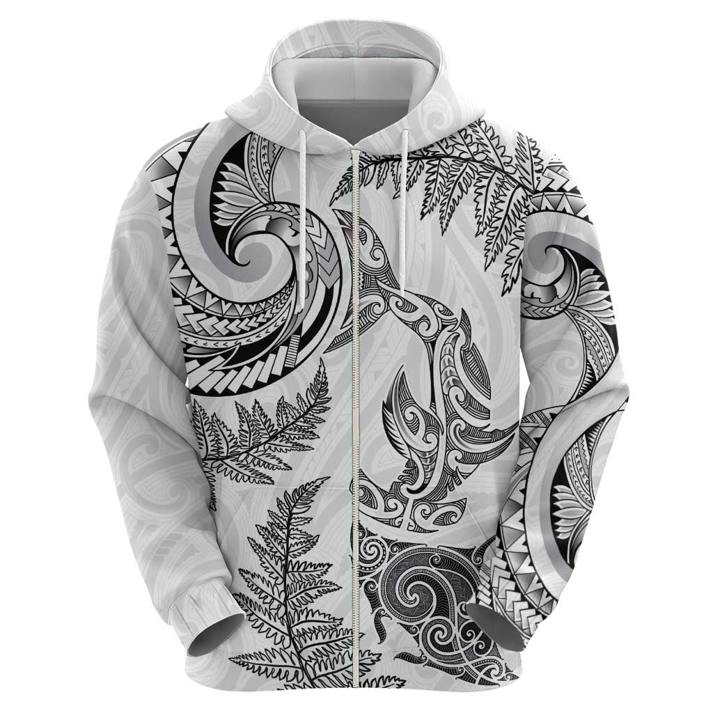 New Zealand Sea Animals with Maori Tribal Tattoo Hoodie Shark Manta Ray with Silver Fern White LT03 - Polynesian Pride