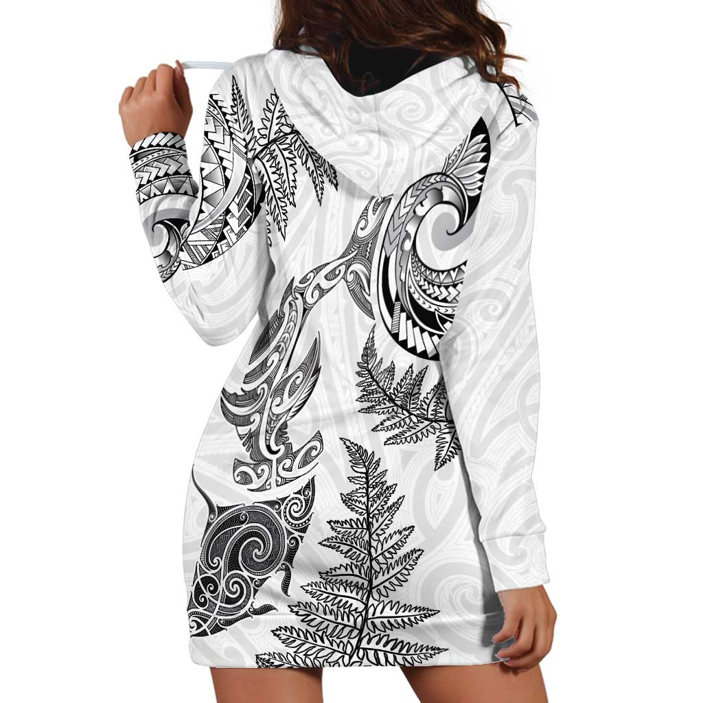 New Zealand Sea Animals with Maori Tribal Tattoo Hoodie Dress Shark Manta Ray with Silver Fern White LT03 - Polynesian Pride