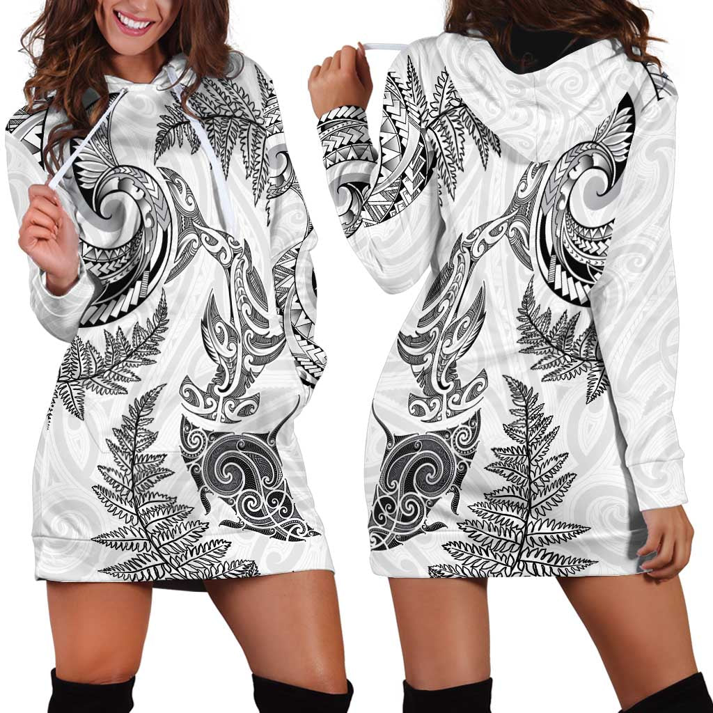 New Zealand Sea Animals with Maori Tribal Tattoo Hoodie Dress Shark Manta Ray with Silver Fern White LT03 - Polynesian Pride