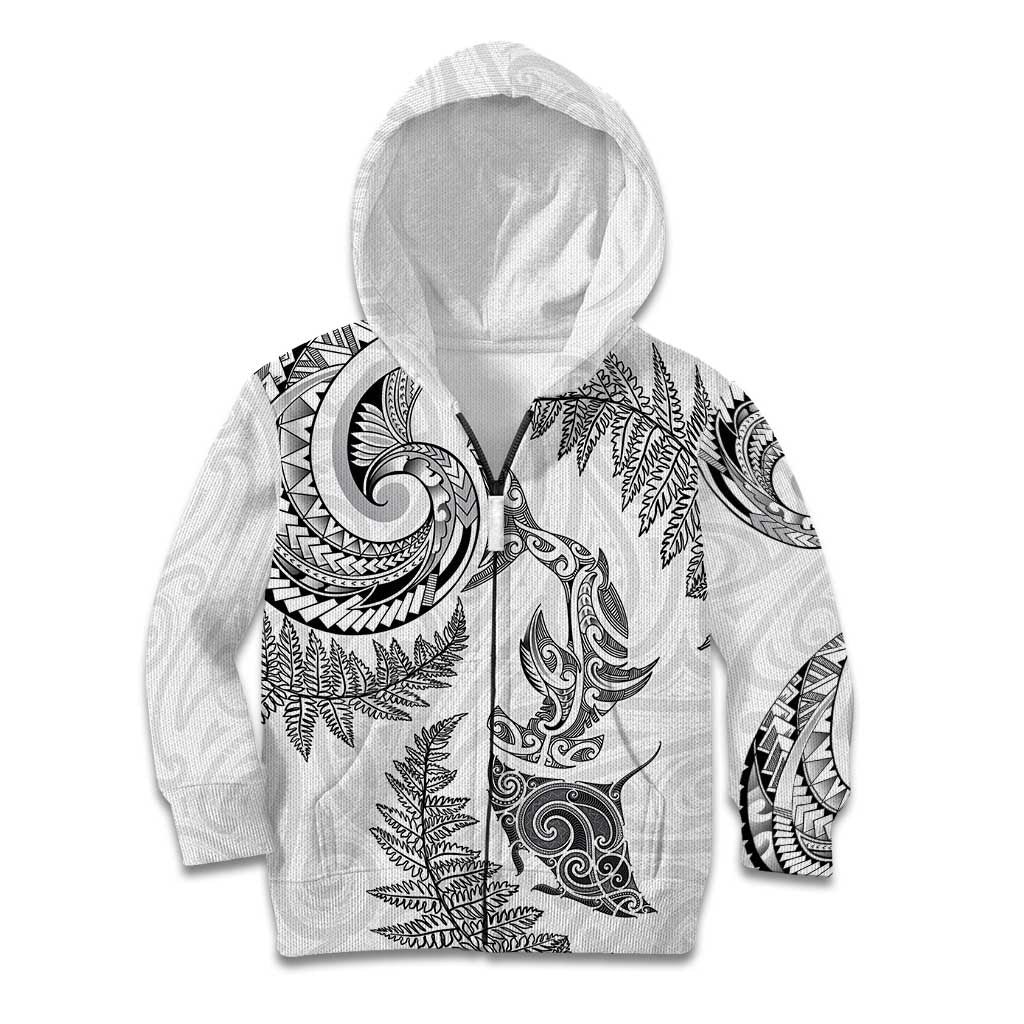 New Zealand Sea Animals with Maori Tribal Tattoo Kid Hoodie Shark Manta Ray with Silver Fern White LT03 Zip Hoodie White - Polynesian Pride