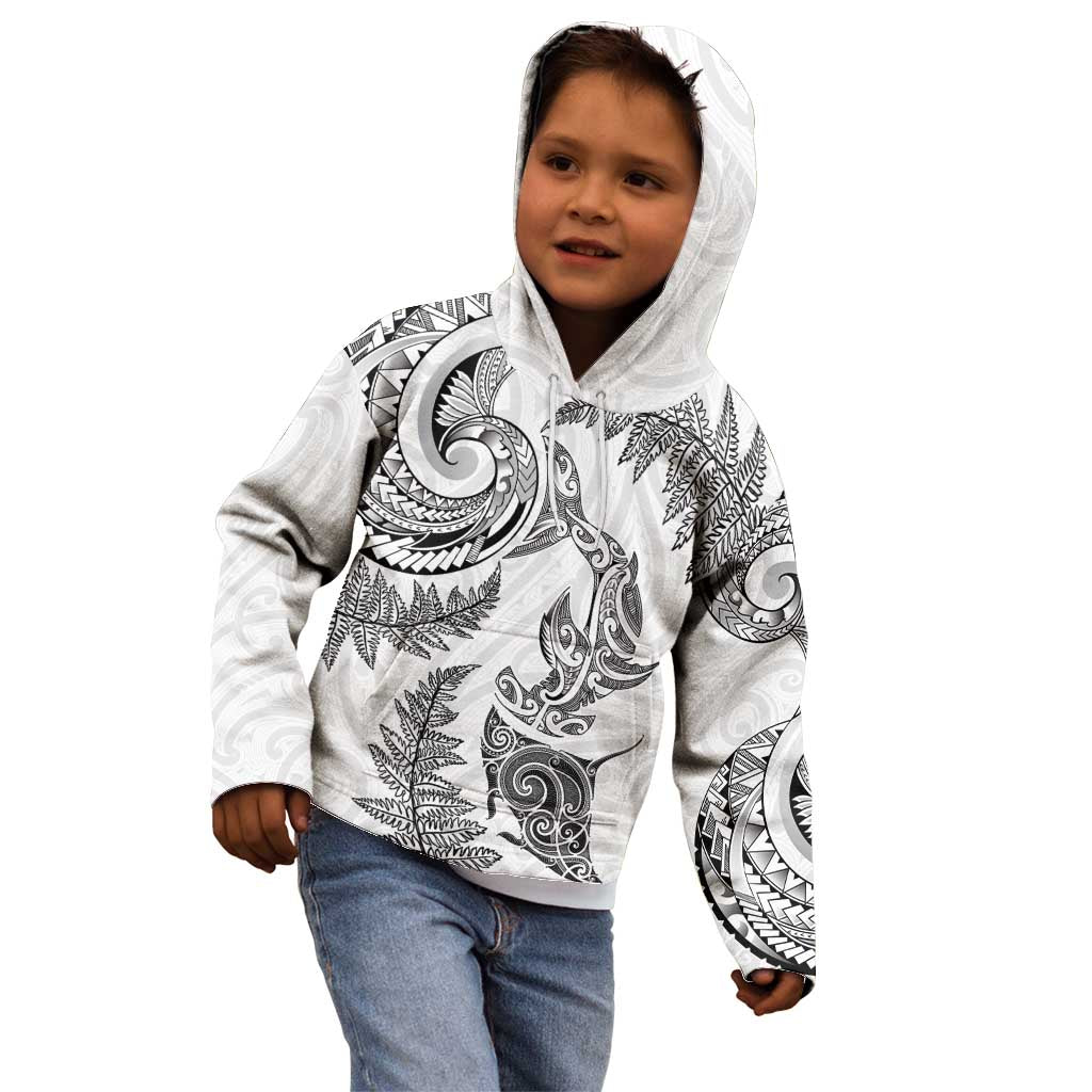 New Zealand Sea Animals with Maori Tribal Tattoo Kid Hoodie Shark Manta Ray with Silver Fern White LT03 - Polynesian Pride
