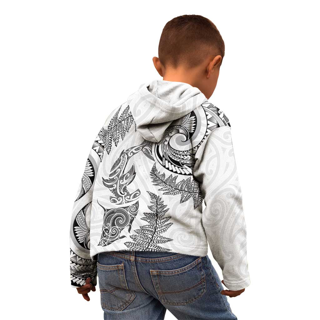 New Zealand Sea Animals with Maori Tribal Tattoo Kid Hoodie Shark Manta Ray with Silver Fern White LT03 - Polynesian Pride