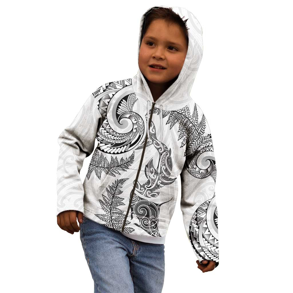 New Zealand Sea Animals with Maori Tribal Tattoo Kid Hoodie Shark Manta Ray with Silver Fern White LT03 - Polynesian Pride