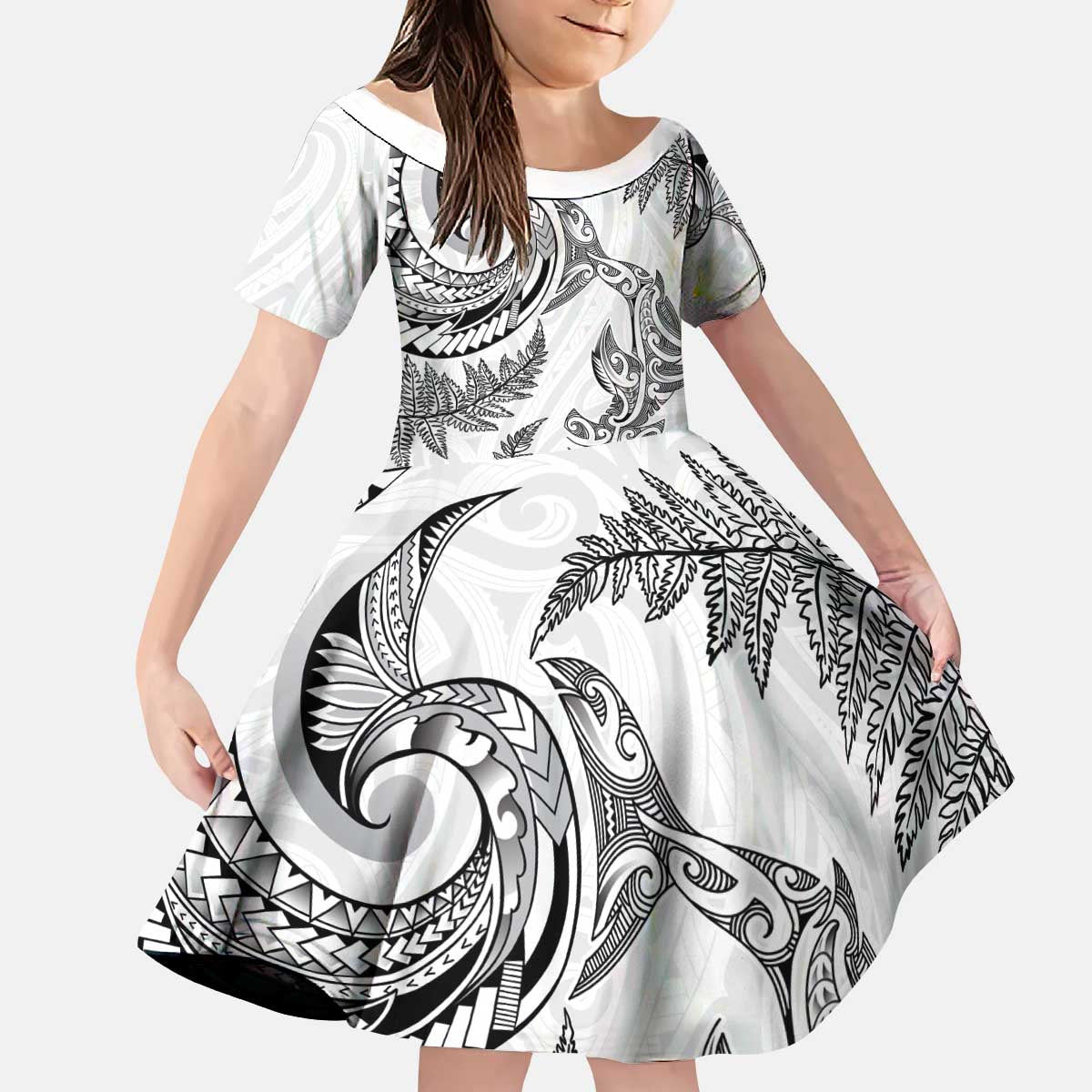 New Zealand Sea Animals with Maori Tribal Tattoo Kid Short Sleeve Dress Shark Manta Ray with Silver Fern White LT03 KID White - Polynesian Pride